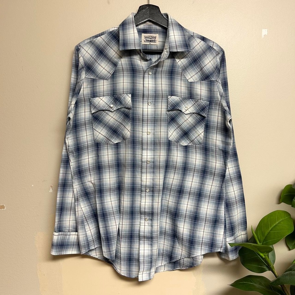 Vintage 90s Levis Mens Navy White Plaid Flannel Western Pearl Snap Shirt M